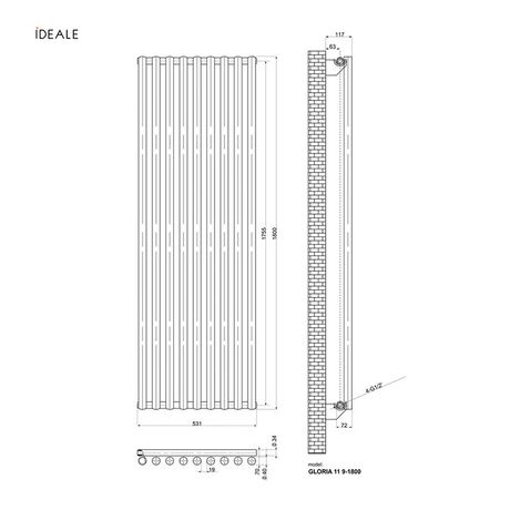 Вертикальний радіатор Ideale Gloria Single, Рядність: 1 ряд, Висота, мм: 1800, Довжина, мм: 531, изображение 8