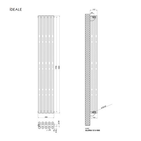 Вертикальний радіатор Ideale Gloria Double, Висота, мм: 1800, Рядність: 2 ряди, Довжина, мм: 295, изображение 5