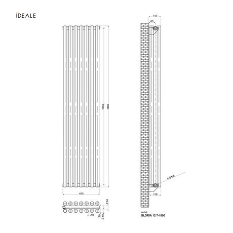 Вертикальний радіатор Ideale Gloria Double, Висота, мм: 1800, Рядність: 2 ряди, Довжина, мм: 295, изображение 6