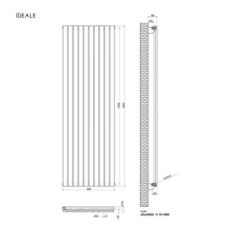 Вертикальний радіатор Ideale Jolanda Single, Висота, мм: 1500, Рядність: 1 ряд, Довжина, мм: 590, изображение 8