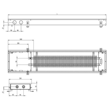 Carrera M внутрипольный конвектор без вентилятора глубиной 65 мм, схема размеров