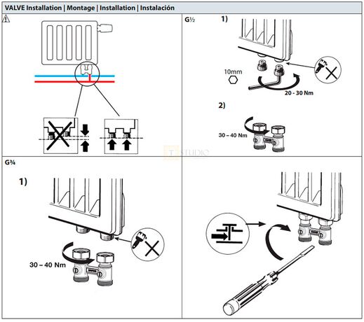 Комплект для обв'язування радіатора з нижнім підключенням Danfoss TRV M30x1.5, 015G5307, схема