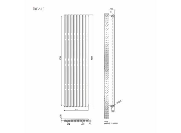 Вертикальный радиатор Ideale Adelle Single, Рядность: 1 ряд, Высота, мм: 1500, Длина, мм: 472, изображение 10