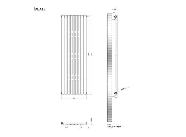 Вертикальный радиатор Ideale Adelle Single, Рядность: 1 ряд, Высота, мм: 1500, Длина, мм: 472, изображение 9