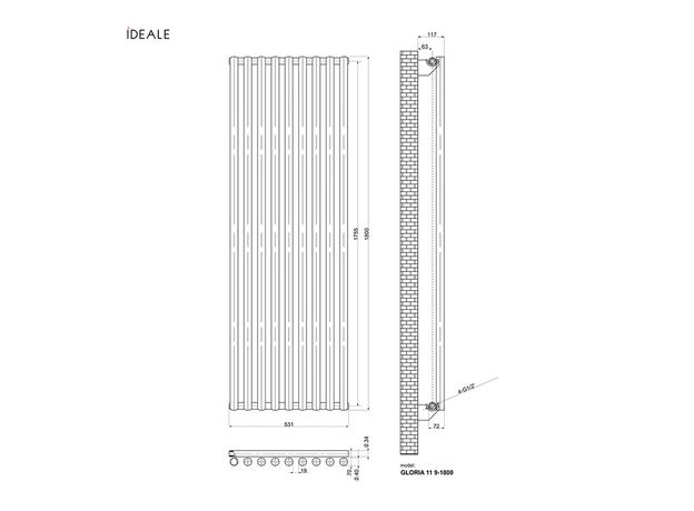Вертикальный радиатор Ideale Gloria Single, Рядность: 1 ряд, Высота, мм: 1800, Длина, мм: 531, изображение 8