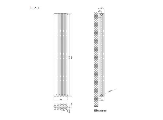 Вертикальный радиатор Ideale Gloria Double, Рядность: 2 ряда, Высота, мм: 1800, Длина, мм: 295, изображение 5