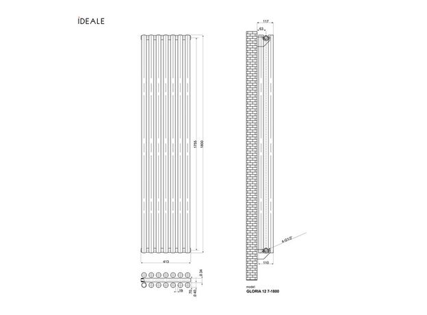 Вертикальный радиатор Ideale Gloria Double, Рядность: 2 ряда, Высота, мм: 1800, Длина, мм: 295, изображение 6