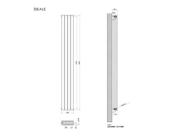 Вертикальный радиатор Ideale Jolanda Double, Рядность: 2 ряда, Высота, мм: 1800, Длина, мм: 236, изображение 7