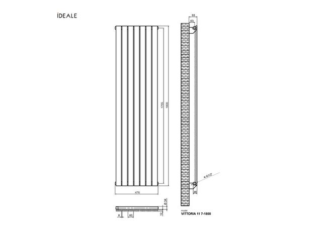 Вертикальний радіатор Ideale Vittoria Single, Рядність: 1 ряд, Висота, мм: 1800, Довжина, мм: 476, изображение 9