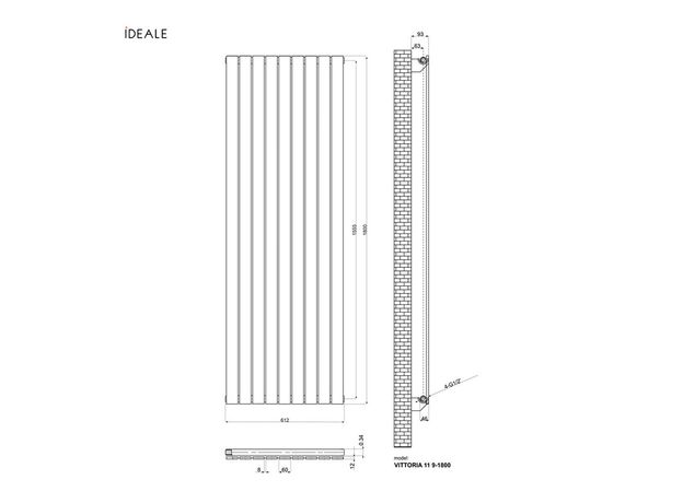 Вертикальний радіатор Ideale Vittoria Single, Рядність: 1 ряд, Висота, мм: 1800, Довжина, мм: 476, изображение 10