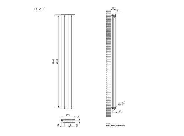 Вертикальний радіатор Ideale Vittoria Double, Рядність: 2 ряди, Висота, мм: 1800, Довжина, мм: 272, изображение 10