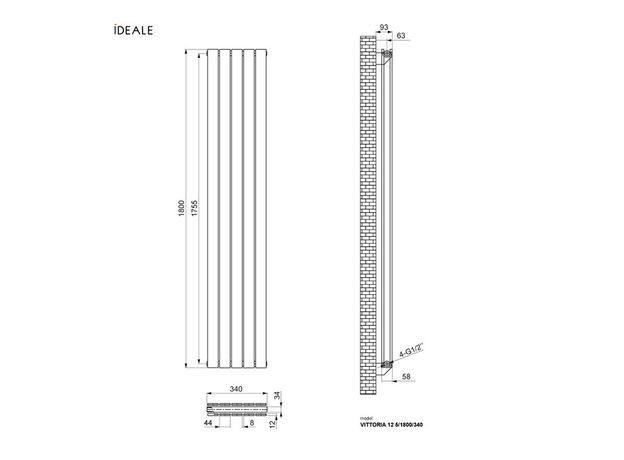 Вертикальний радіатор Ideale Vittoria Double, Рядність: 2 ряди, Висота, мм: 1800, Довжина, мм: 272, изображение 11