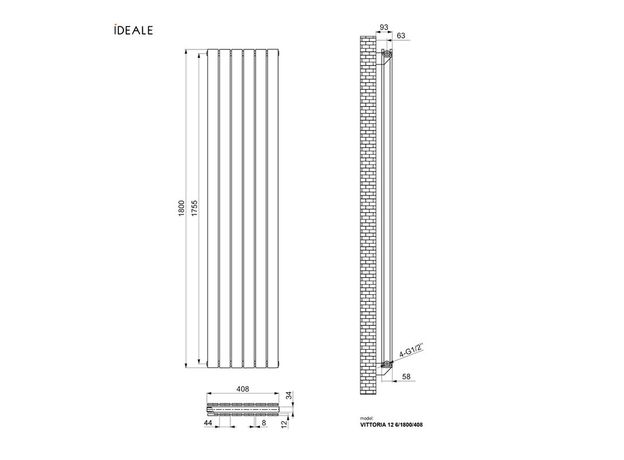 Вертикальный радиатор Ideale Vittoria Double, Рядность: 2 ряда, Высота, мм: 1800, Длина, мм: 272, изображение 12