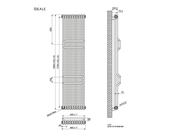 Вертикальный радиатор Ideale Zeta, Рядность: 2 ряда, Высота, мм: 1800, Длина, мм: 460, изображение 11