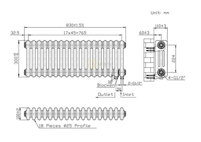Горизонтальный трубчатый радиатор Warm Well Column 300, 575 белый