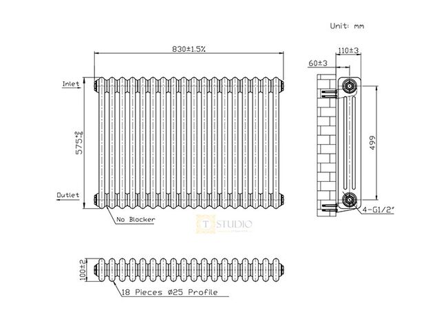 Горизонтальний трубчастий радіатор Warm Well Column 300, 575 чорний
