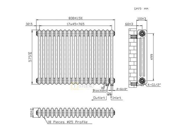 Горизонтальный трубчатый радиатор Warm Well Column 300, 575 белый